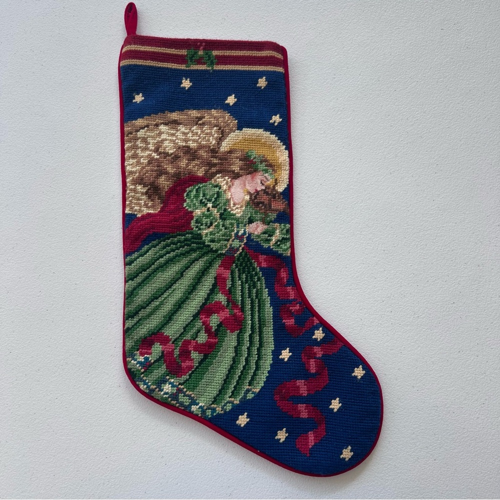 Vintage Needlepoints Angle Stocking Halo Velvet Lined Christmas Holiday